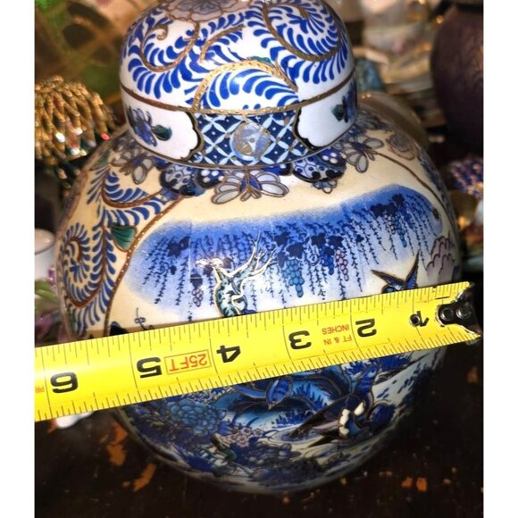 Vintage Ginger Jar Blue & White Porcelain Lid Hand-Painted Birds & Floral Motif - Picture 5 of 11